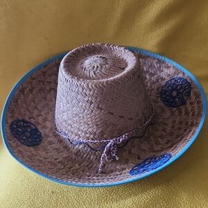 Woven Straw Sun Hat with Blue Trim and Embroidered Flowers